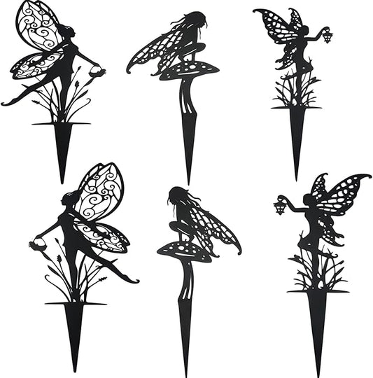 Decorative Garden Stakes， Fairy Garden Stakes, Butterfly Fairy Stakes for Weather Resistant Black Metal Outdoor Decorative Art for Women Gift (Matte Black, 6P-A)