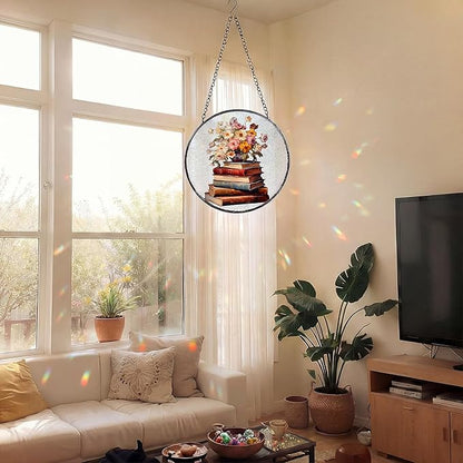 Mifoci 6.3 Inch Stained Glass Window Hanging Vintage Flower Suncatchers Indoor Window Book Lovers Gifts for Room Office Decor Aesthetic
