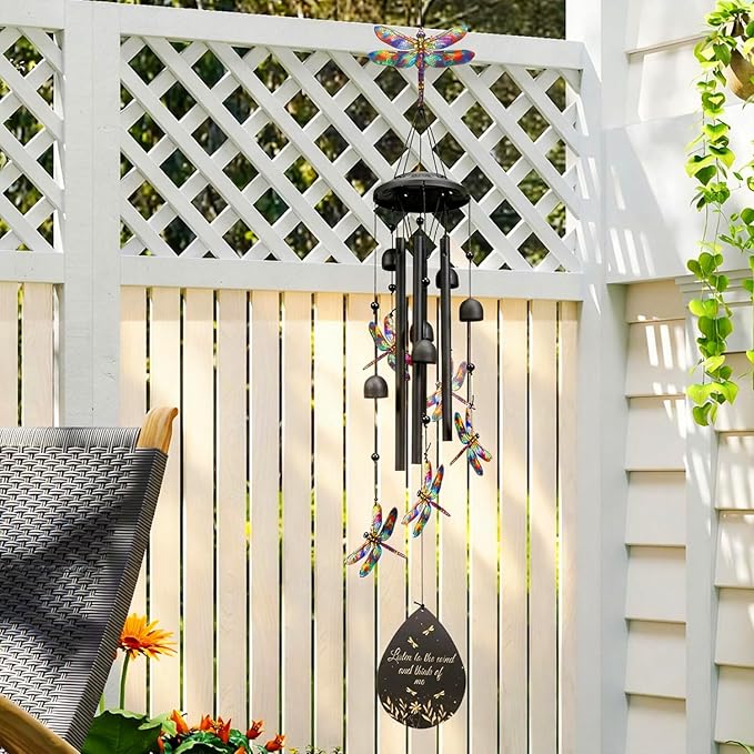 Dragonfly Wind Chimes Outdoor Durable Black Metal Windchimes Garden Patio Decor Dragonfly Gifts for Women/Men, Garden/Yard Decor, Memorial/Birthday Gifts for Grandma/Mom, Chimes for Outside