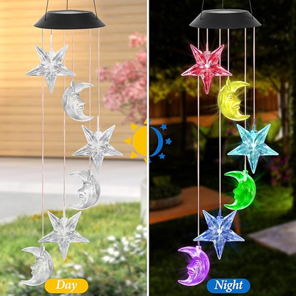 Solar Wind Chimes Outdoor Color Changing Hanging Waterproof Stars Lights Sun and Moon Decor Gifts for Mom Grandma Sister Powered Mobile for Outdoor Garden Patio Yard Window Indoor