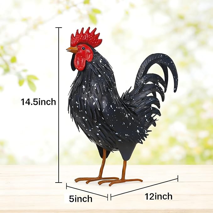 Ratuor Rooster Garden Statue Sculpture Metal Chicken Yard Decor Outdoor Figurines Patio Backyard Decoration (Black)