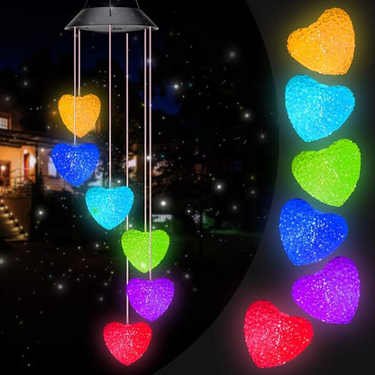 PACETAP Heart Solar Wind Chimes Outdoor Decorations, Valentine's Day Waterproof LED Color Changing Lights, Outside Yard Mobile Wind Chime Decor for Mom Grandma Women Wife Sister