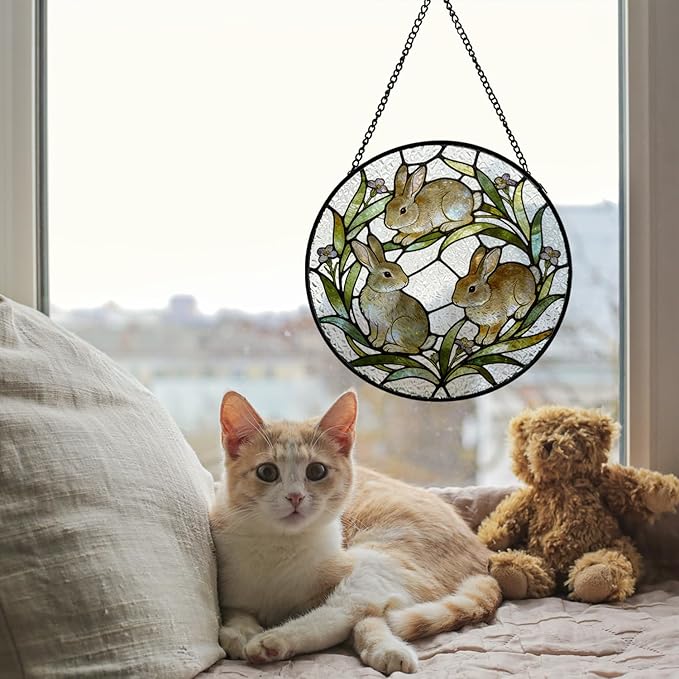 Easter Bunny Flower Wreath Stained Glass Window Hanging, Easter Three Rabbits Botanical Suncatcher Indoor Window Glass Round Wall Art Decor, 7.9x7.9 Inch