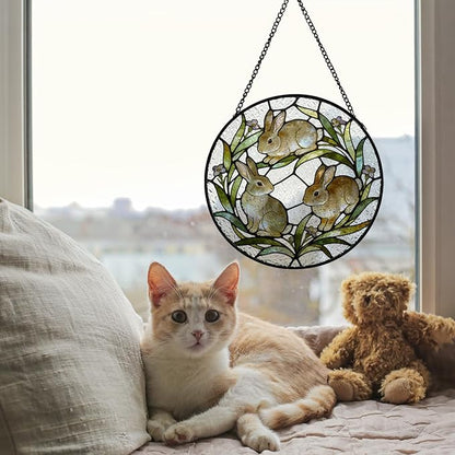 Easter Bunny Flower Wreath Stained Glass Window Hanging, Easter Three Rabbits Botanical Suncatcher Indoor Window Glass Round Wall Art Decor, 7.9x7.9 Inch