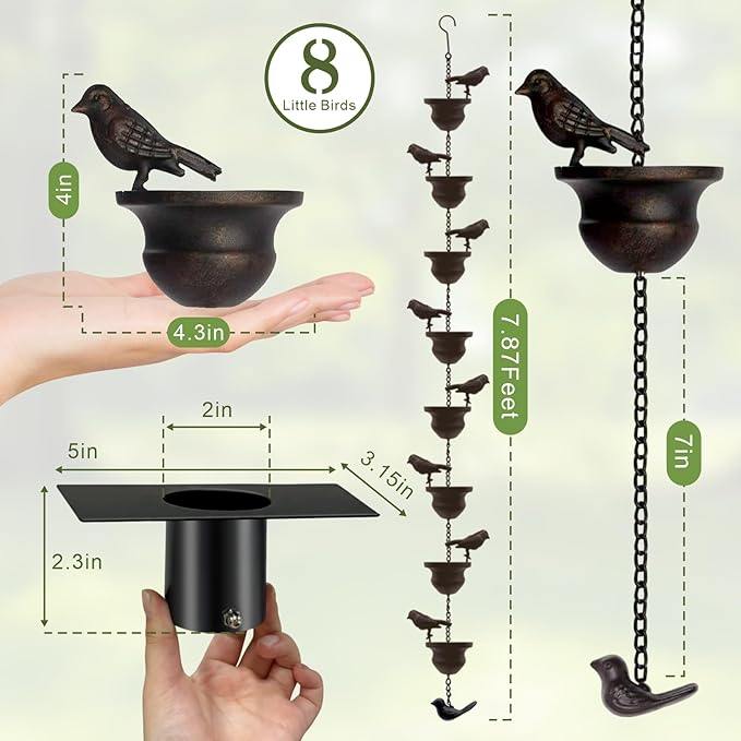 Metal Bird Rain Chain for Gutters, 7.8 Ft Rust-Resistant Outdoor Rain Catcher with Hanging Gutter Adapter, Perfect for Heavy Rain, Indoor/Outdoor Decoration, Dark Bronze Finish
