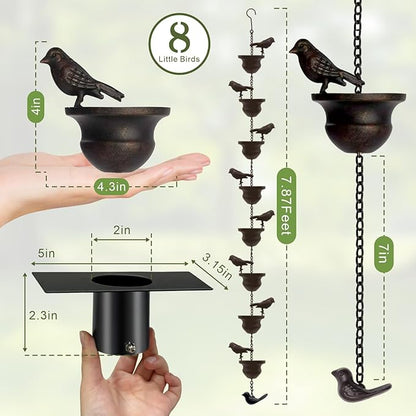 Metal Bird Rain Chain for Gutters, 7.8 Ft Rust-Resistant Outdoor Rain Catcher with Hanging Gutter Adapter, Perfect for Heavy Rain, Indoor/Outdoor Decoration, Dark Bronze Finish