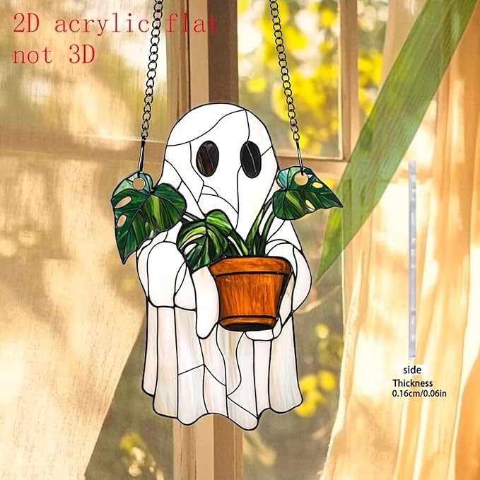 7.8Inch Cute Ghost Suncatcher Handcrafted Greenhouse Window Hanging Decor for Plants, Stained Glass Suncatchers Window Decor for Garden Family Wall，Halloween Party Gift for Friend