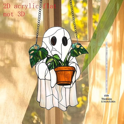 7.8Inch Cute Ghost Suncatcher Handcrafted Greenhouse Window Hanging Decor for Plants, Stained Glass Suncatchers Window Decor for Garden Family Wall，Halloween Party Gift for Friend