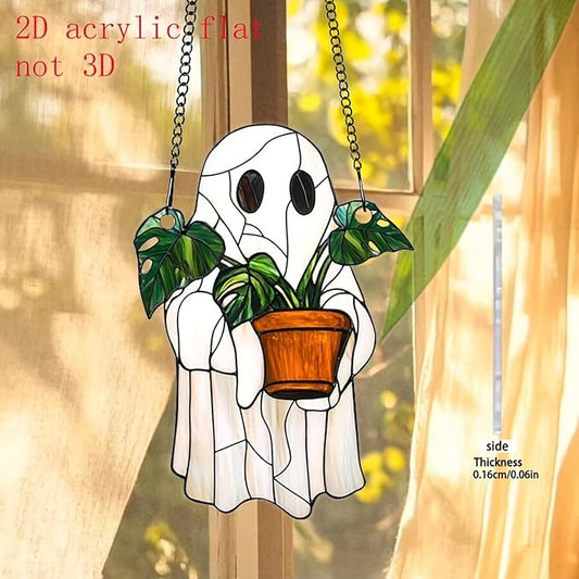7.8Inch Cute Ghost Suncatcher Handcrafted Greenhouse Window Hanging Decor for Plants, Stained Glass Suncatchers Window Decor for Garden Family Wall，Halloween Party Gift for Friend