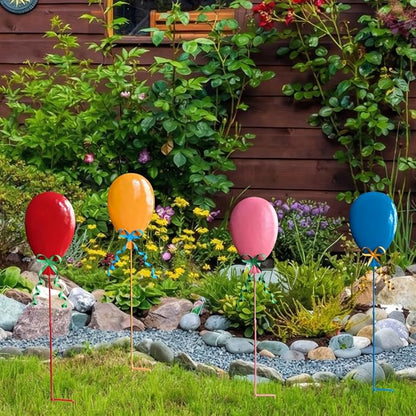 32" Decorative Garden Stakes Set of 4, 3D Metal Balloon Yard Art, Rustproof Metal Garden Decor & Yard Decorations Outdoor, Metal Flowers for Outside in 4 Colors (Blue, Pink, Red, Yellow)