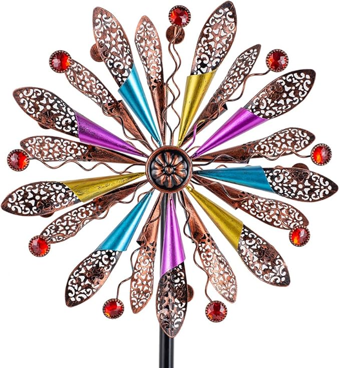 DREAMYSOUL Wind Spinners Outdoor, Copper Metal Kinetic Wind Sculptures with Gemstones, Wind Spinner for Garden Yard Lawn Patio Decor