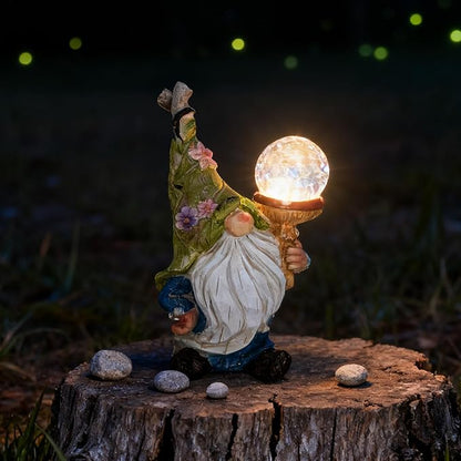 Garden Gnome Solar Light Statue - Outdoor Decorative Figurine with Crackle Glass Globe, Blue & White Floral Design, Waterproof LED Yard Art for Patio, Lawn, Garden, Porch