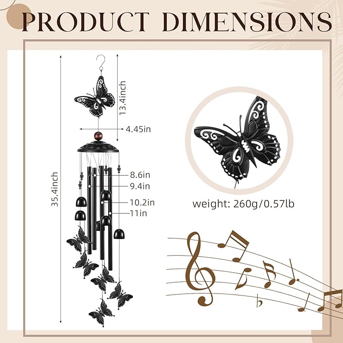 Beeveer 35" Christmas Butterfly Wind Chimes for Outside Garden Decor with 4 Aluminum Tubes and 6 Charming Bells for Patio Porch Yard Decor, Christmas Gifts for Women Mom Grandma(Black)