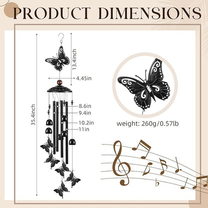 Beeveer 35" Christmas Butterfly Wind Chimes for Outside Garden Decor with 4 Aluminum Tubes and 6 Charming Bells for Patio Porch Yard Decor, Christmas Gifts for Women Mom Grandma(Black)
