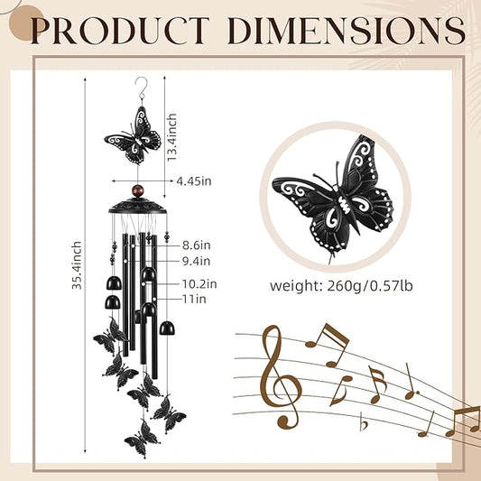 Beeveer 35" Christmas Butterfly Wind Chimes for Outside Garden Decor with 4 Aluminum Tubes and 6 Charming Bells for Patio Porch Yard Decor, Christmas Gifts for Women Mom Grandma(Black)