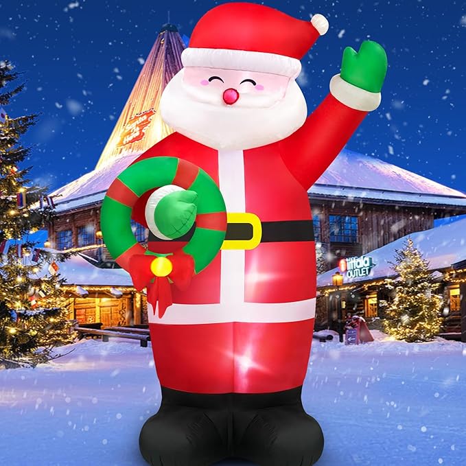 8 FT Huge Christmas Inflatables Santa Claus Holding Garland Outdoor Decorations, Build in LEDs & Tethers Stakes Giant Inflatable Santa Blow Up Yard Décor for Holiday Xmas Indoor Patio Lawn