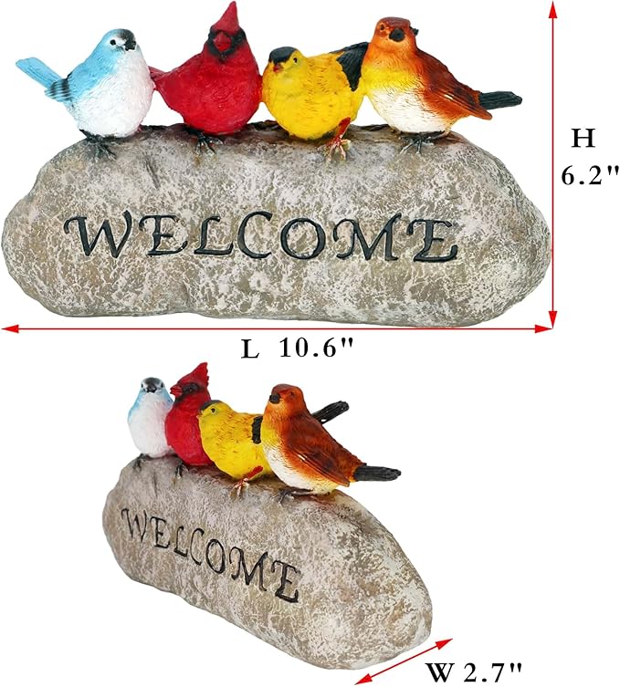 Bird Welcome Sign Stone Statue for Yard Patio Lawn Multicolored Indoor Outdoor Outside Birdy Garden Decor Funny Fairy Ornaments Figurine Home Decorations