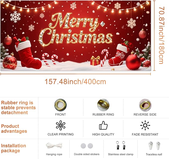 IVN Christmas Garage Door Cover Decoration 13x6ft Red Stockings Candy Canes Snowflakes Ornaments Merry Christmas Winter Garage Door Banner Home Door Front Yard Decor for Xmas Eve Holiday Outdoor
