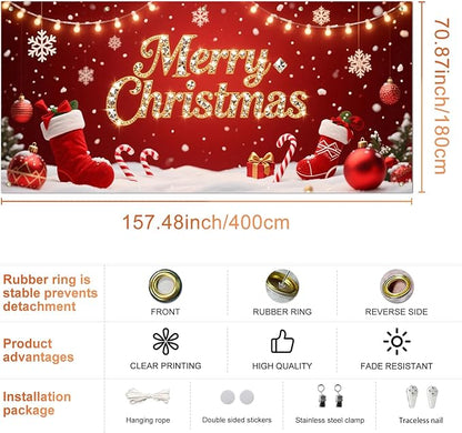 IVN Christmas Garage Door Cover Decoration 13x6ft Red Stockings Candy Canes Snowflakes Ornaments Merry Christmas Winter Garage Door Banner Home Door Front Yard Decor for Xmas Eve Holiday Outdoor