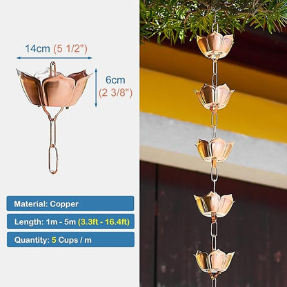 Elegant Copper Rain Chain Large Cup, Replacement Downspout for Gutters, Outside Rainwater Catcher Diverter for Villa/Deck/Pergola (Style E 1m (3.3ft))