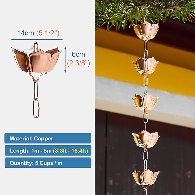 Elegant Copper Rain Chain Large Cup, Replacement Downspout for Gutters, Outside Rainwater Catcher Diverter for Villa/Deck/Pergola (Style E 2.8m (9.2ft))