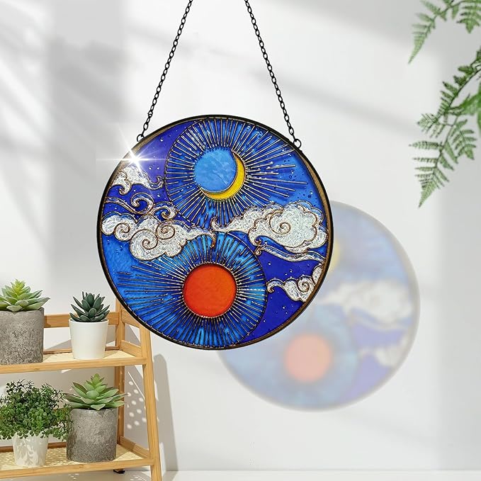 Stained Glass Window Hanging Sun Moon and Cloud Suncatcher - Handmade Stained Glass Suncatchers Hanging with Chain and Hook - Outdoor Garden Decor Housewarming Gift for Christmas and Thanksgiving