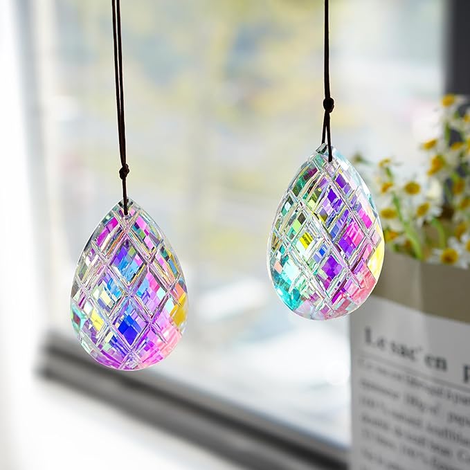 HDCRYSTALGIFTS Set 2 Crystal Sun Catcher Prisms Pendant for Window Hanging Decor,3inch AB Colored Crystal Suncatchers Rainbow Maker Light Catcher for Home Indoor Garden Christmas Tree Ornament