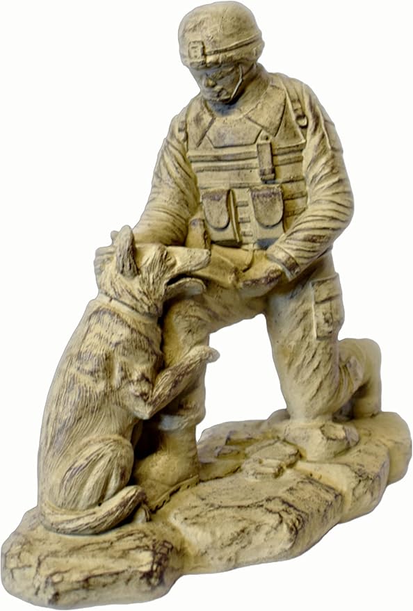 Kneeling Soldier with Dog Stone Statue 18in Tall Desert Sand Brown Color