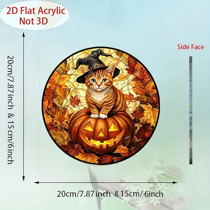 Halloween Sun Catcher for Window Hanging Pumpkin Cat Maple Leaves Acrylic Garden Fall Suncatcher Decor Colorfu Glass for Wall Home, Garden, Housewarming Women Neighbor Thanksgiving Decor Gifts7.87inch