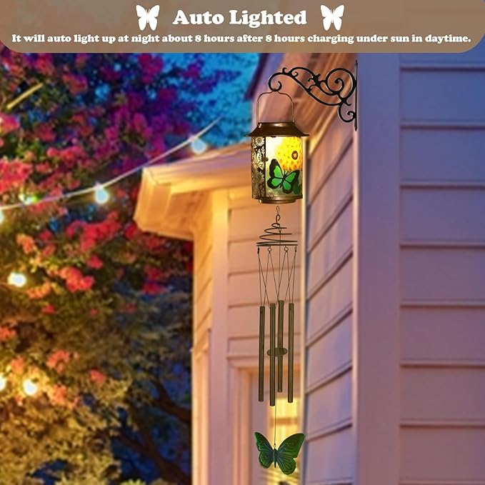 Solar Wind Chimes for Outdoor, Butterfly Garden Decorations Memorial Wind Chimes Deep Tone, Sympathy Windchimes for Outside Garden Décor, Gifts for Mom, Grandma-Butterfly