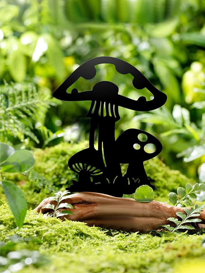 Resama Black Metal Mushroom Garden Stakes Set of 3, Black Yard Decor Art Decorative Garden Stakes, Outdoor Lawn Ornaments for Patio Flower Bed Porch Pathway Yard Decorations