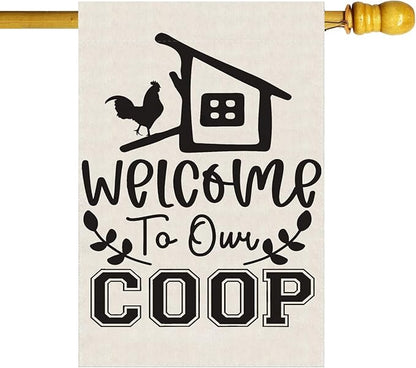 Black Chicken Welcome to Our Coop Large House Flag Burlap 28X40 Inch Vertical Double Sided Outside Yard Holiday Outdoor Farmhouse Decoration