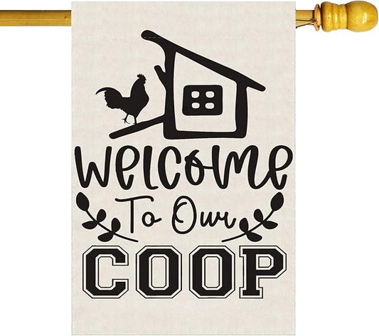 Black Chicken Welcome to Our Coop Large House Flag Burlap 28X40 Inch Vertical Double Sided Outside Yard Holiday Outdoor Farmhouse Decoration