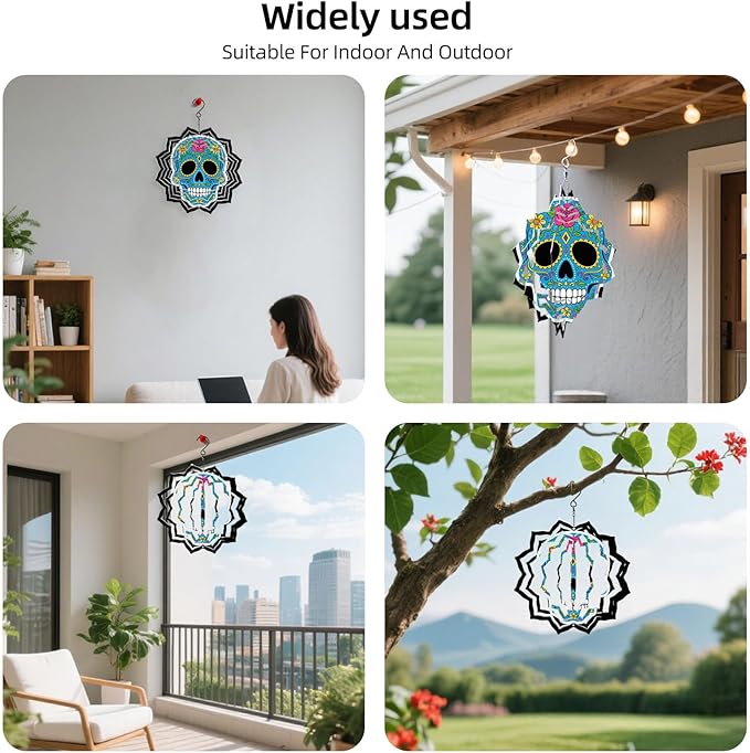 8 Inch Sublimation Wind Spinner, 3D Aluminum Metal Wind Spinner with Hook, Indoor Yard Garden Hanging Decoration, Weather Resistant Rotating Spiral Ornament, Colorful Sugar Skull