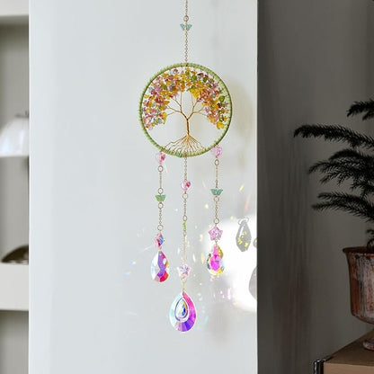 Crystal Tree of Life Dream Catchers Crystal Suncatcher with Crystal Prisms Hanging Suncatcher for Window Garden Patio Balcony Bedroom Crystal Gift for Girls Boys Audlts