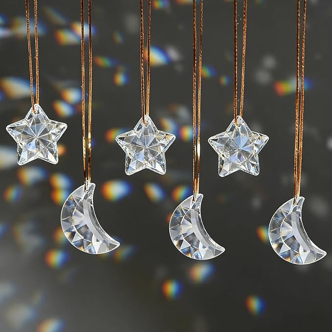 6pcs Clear Crystal Star and Half Moon Prisms Ornaments Faceted Glass Hanging Ornaments for Home Garden Window Wedding Party Decor