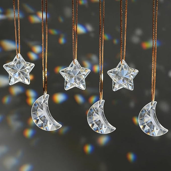 6pcs Clear Crystal Star and Half Moon Prisms Ornaments Faceted Glass Hanging Ornaments for Home Garden Window Wedding Party Decor