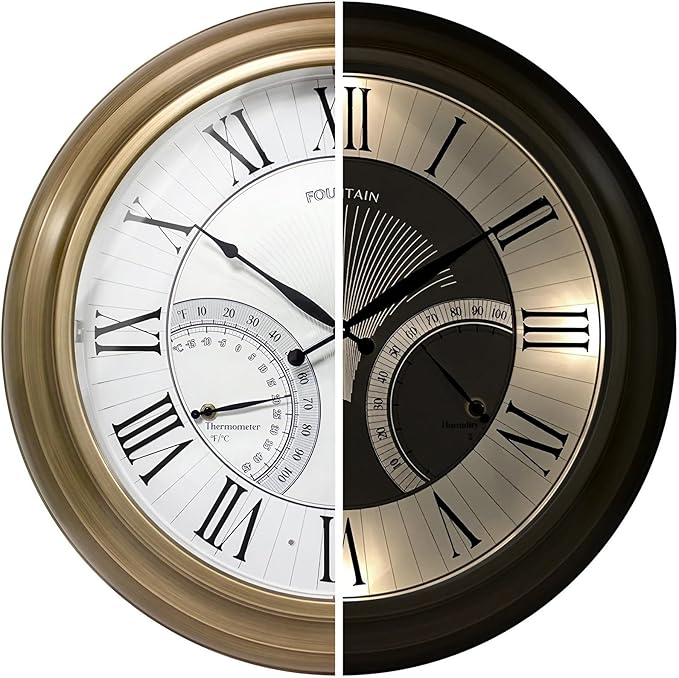 24 Inch in/Outdoor Wall Clock with Temperature and Humidity Combo, Large Outdoor Clock for Patio Large Waterproof with Thermometer,Antique Hamilton Gold Metal