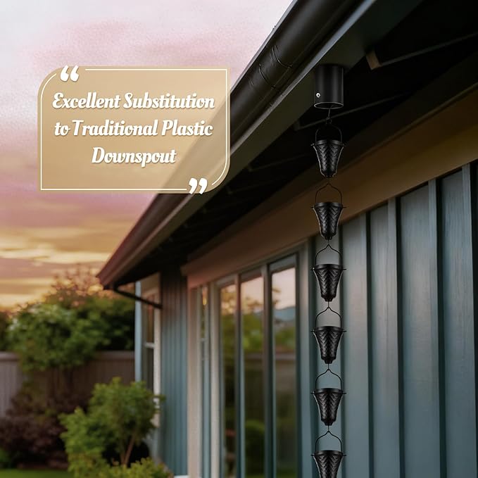 Tfro & Cile Rain Chain Black Gutter Downspout Catcher Outside Water Diverter Decorative Garden Rain Cups Chime Home Decor - 8 1/2 Feet Long