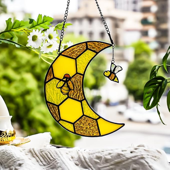 Bee Stained Glass Suncatcher for Window,Honeycomb Stained Glass Window Hanging Moon Decor,Bees Gifts for Women,Bee Lovers,Housewarming Gift,Honeybee Decor for Birthday Party