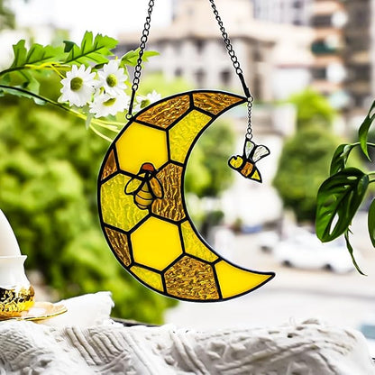 Bee Stained Glass Suncatcher for Window,Honeycomb Stained Glass Window Hanging Moon Decor,Bees Gifts for Women,Bee Lovers,Housewarming Gift,Honeybee Decor for Birthday Party