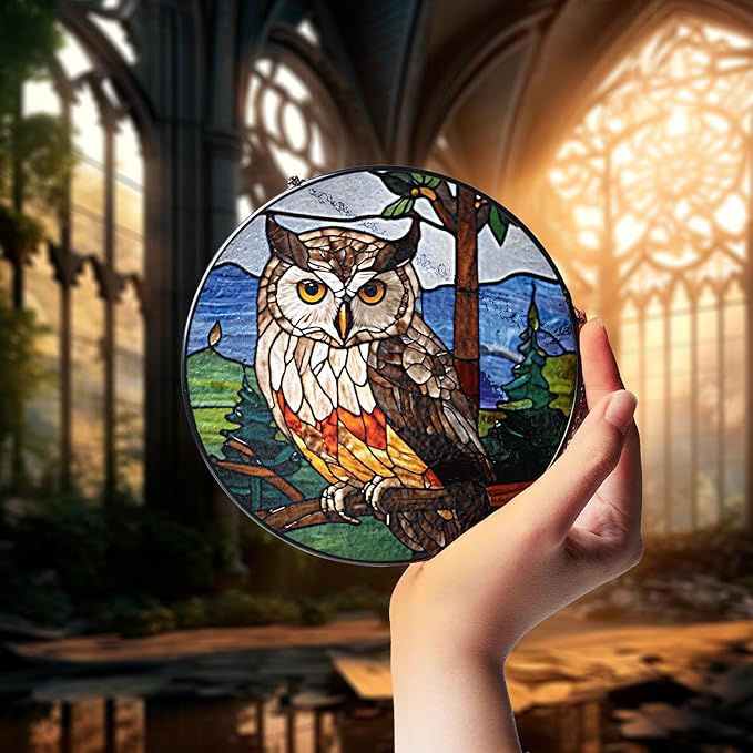 7.8" Owl Stained Glass Suncatchers Art Glass Wildlife Bird for Sun Catcher Indoor Window Gifts for Pet Animal Nature Floral Lovers Women Grandma Mom Friend Painted Panel Décor BIRD-07B-SG8