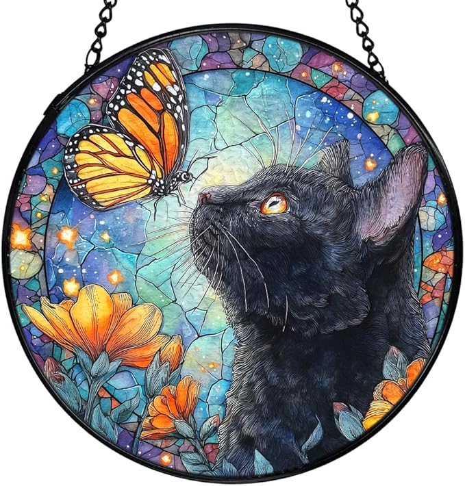 Black Cat Butterfly Suncatchers Stained Glass Window Hanging, Cottagecore Flower Butterfly Black Cat Sun Catchers Indoor Window Glass Round Wall Decor, Gifts for Pet Lovers 7.9x7.9in