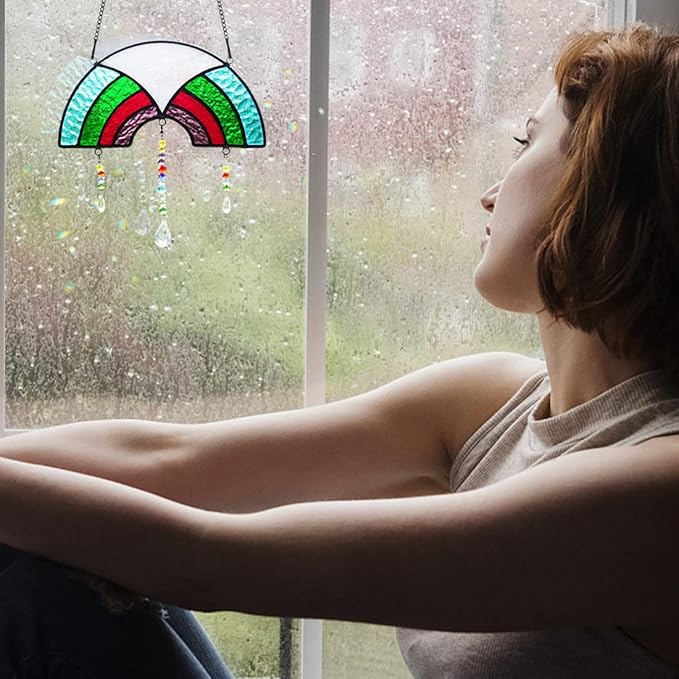 BOXCASA Stained Glass Suncatchers Crystals Pendants,Rainbow Crystal Beads Decor Gifts for Women,Suncatcher for Window Colorful Crystal Prism Pendants Gifts for Mother Grandma Nana Aunt