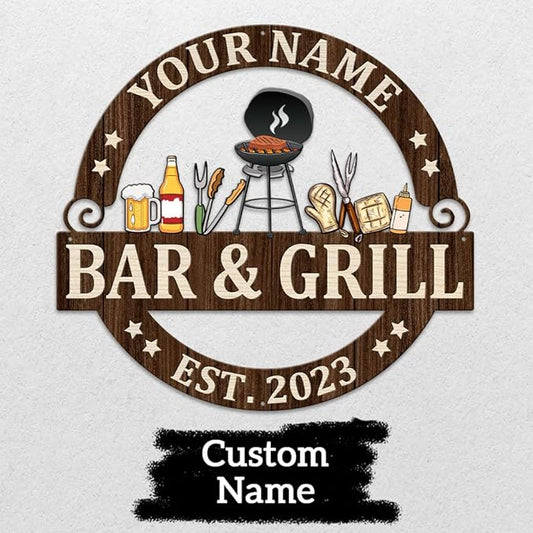 MeMate Bar & Grill Sign - Personalized Outdoor Decor for Backyard, Patio, Pool, Porch, Deck, BBQ - Large Metal Sign for Outside - Housewarming Gifts