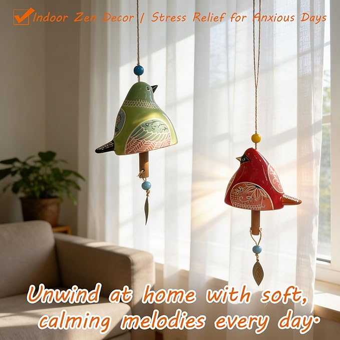 Ceramic Wind Chime Gift Set with 3D Pop Up Card - Handmade Memorial Healing Chimes for Outdoor/Indoor | Soothing Patio Decor | Unique Sympathy Gifts for Mom & Bird Lovers (Red+Green)