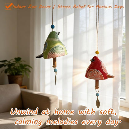 Ceramic Wind Chime Gift Set with 3D Pop Up Card - Handmade Memorial Healing Chimes for Outdoor/Indoor | Soothing Patio Decor | Unique Sympathy Gifts for Mom & Bird Lovers (Red+Green)
