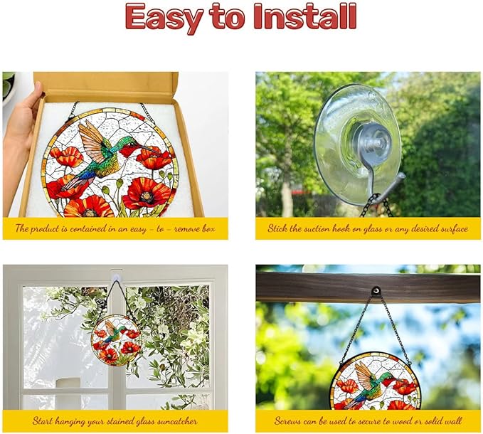 GENANY Hummingbird Stained Glass Window Hanging, Memorial Sun Catcher with Metal Chain and Hook, Spring Ornament Gifts for Women Men, Spring Home Decorations, Bird Themed Housewarming Gifts
