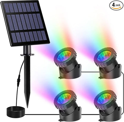 Solar Pond Lights,Super Bright RGB LED Underwater Spotlights Color Changing Submersible Pond Light IP68 Waterproof Fountain Lights for Fish Aquarium Tank Garden Yard Pool (4-in-1)