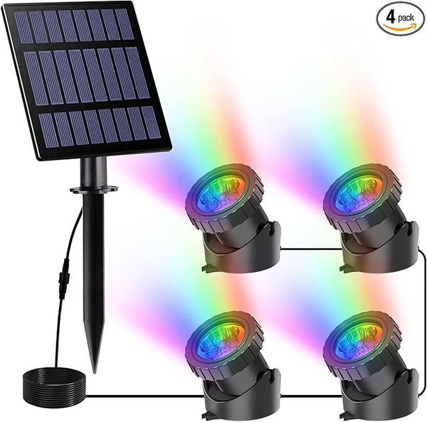 Solar Pond Lights,Super Bright RGB LED Underwater Spotlights Color Changing Submersible Pond Light IP68 Waterproof Fountain Lights for Fish Aquarium Tank Garden Yard Pool (4-in-1)